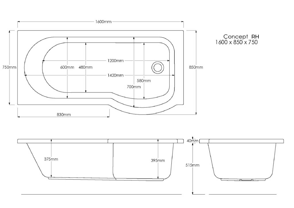 Concert P 1600x850x750 RH Technical Drawing