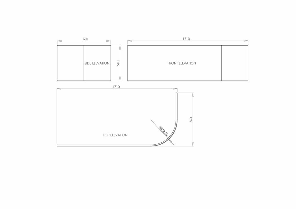 J Shaped LH Bath Panel Technical Drawing