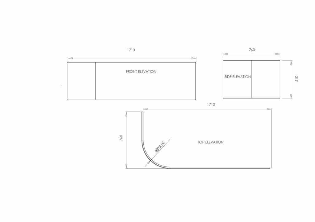 J Shaped RH Bath Panel Technical Drawing