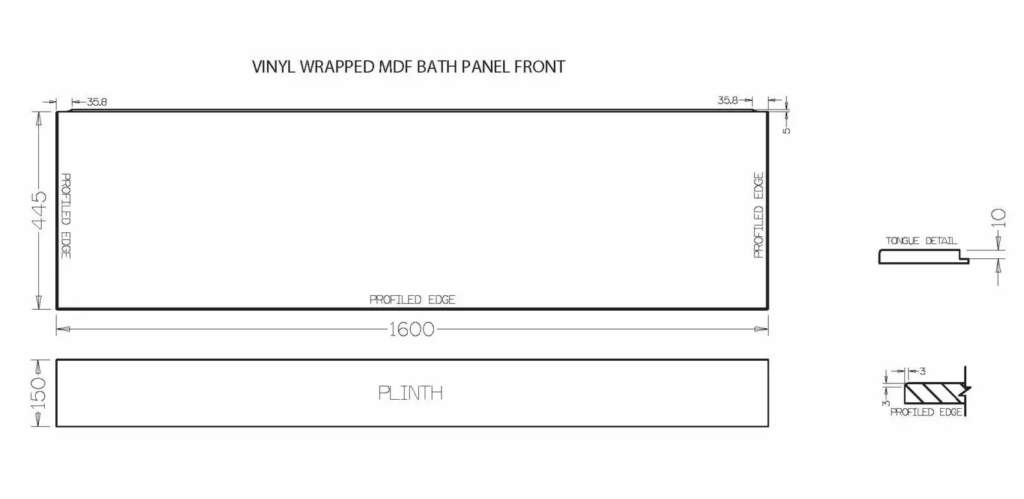 MDF Wrapped 1600×445 Technical Drawing