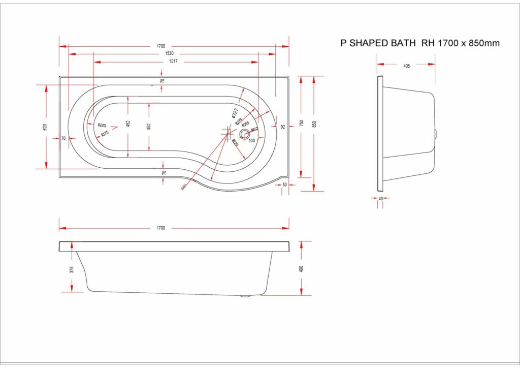 Concert P 1700x850x750 RH Technical Drawing