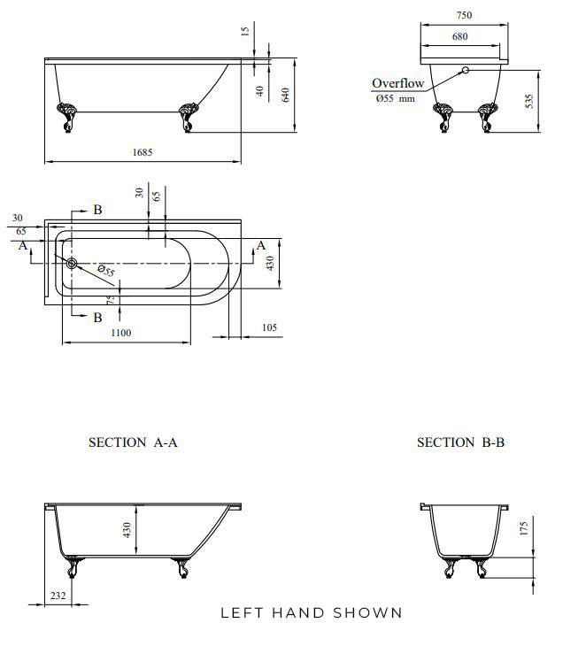 Victoria Left Hand Technical Drawing