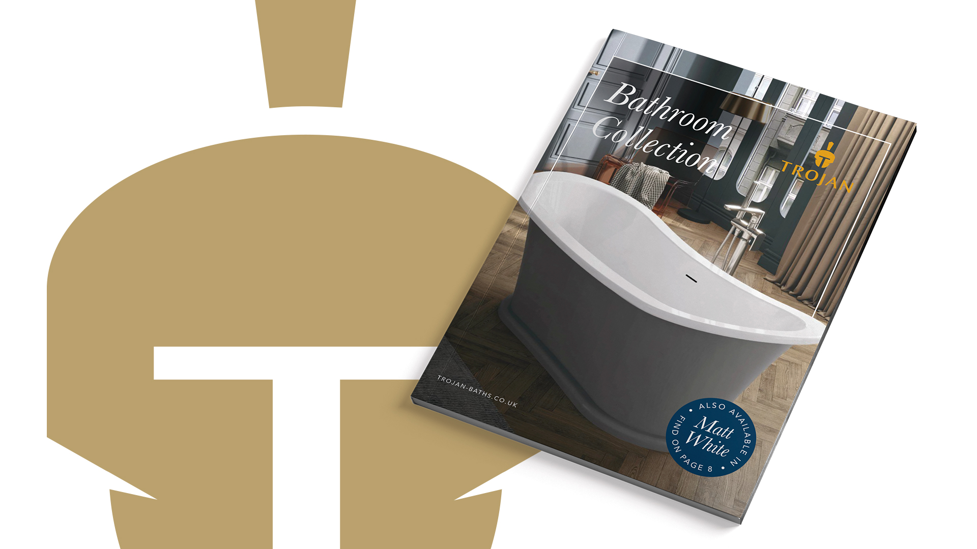 Trojan logo in gold, with Bathroom Collection brochure on top