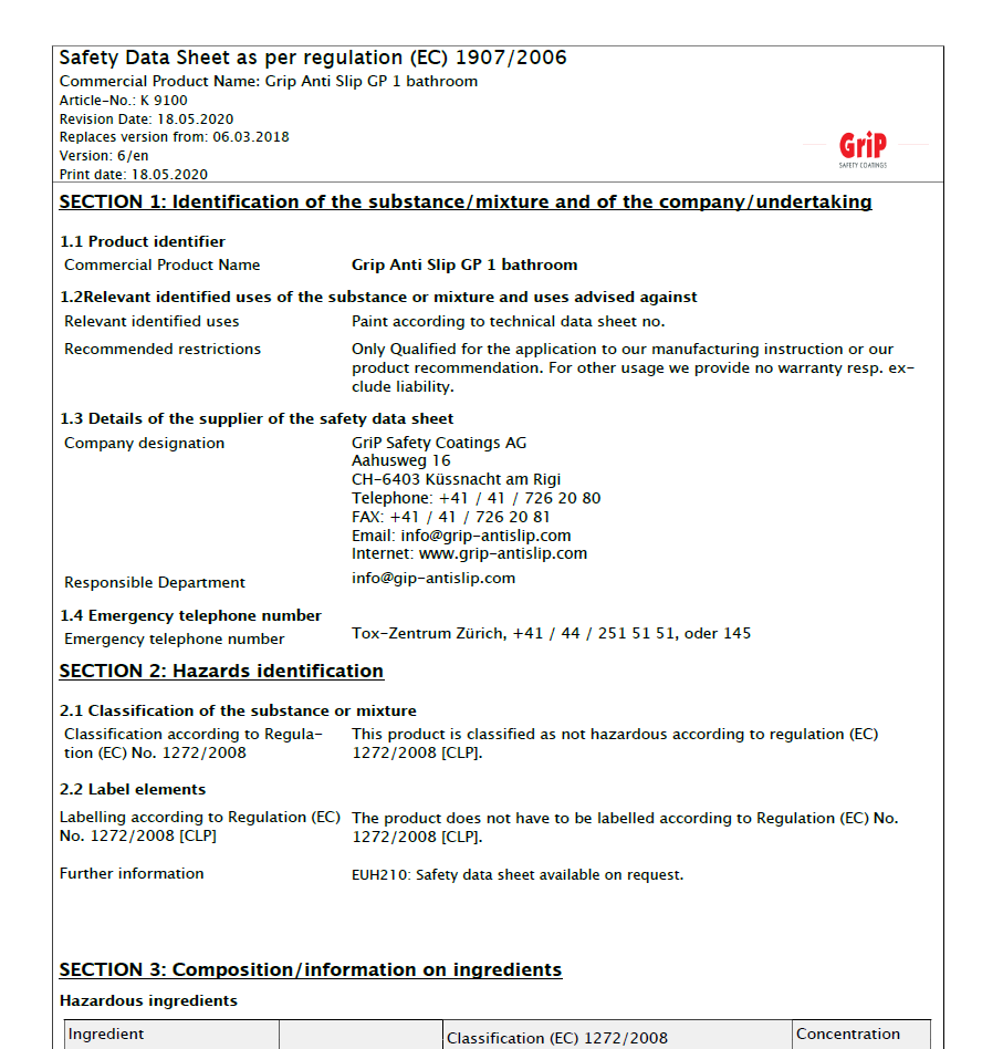 Simply No Slip powered by SWISSGriP safety data sheet